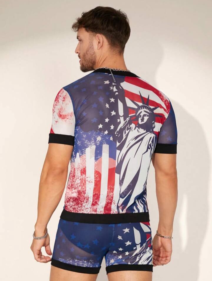 Crystal City Men's Digital Printed Mesh, American Flag Round Neck Slime Fit Short Sleeve Sleepwear